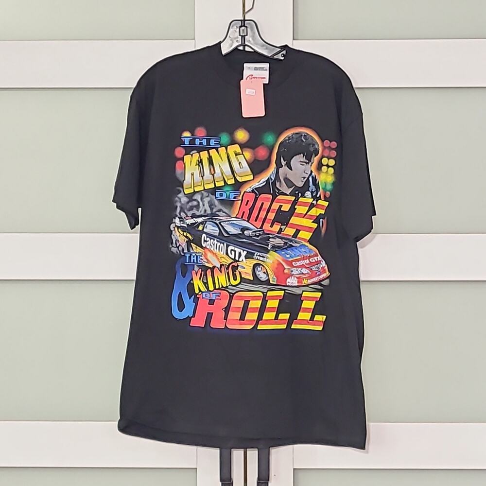 Vtg 1998 John Force Elvis Presley Tee Shirt King Of Rock & King of Roll Large